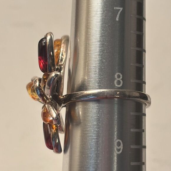 Sterling Silver Baltic Amber Floral Sunburst Multi Stone Cocktail Statement Ring - Picture 2 of 5